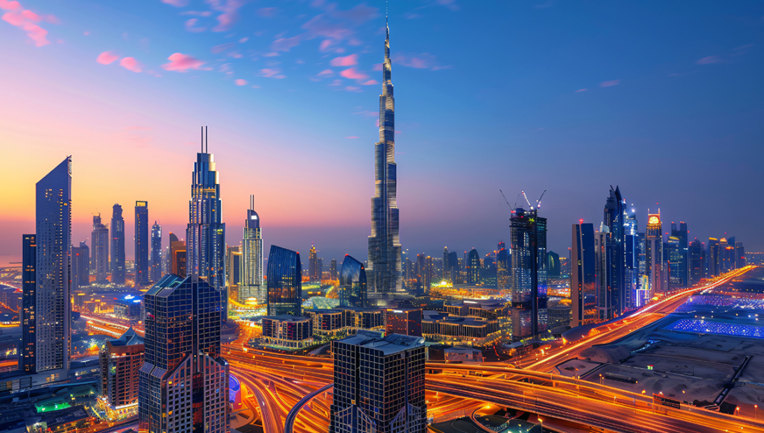 An aerial view of the Burj Khalifa and downtown Dubai at sunset, a scenic spot that reassures those asking is Dubai safe for solo female travellers.