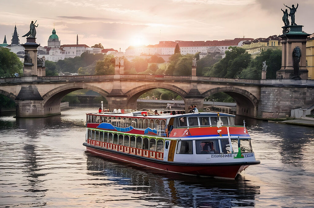 A river cruise boat passing under a bridge, a classic example of relaxing things to do in Prague for couples.
