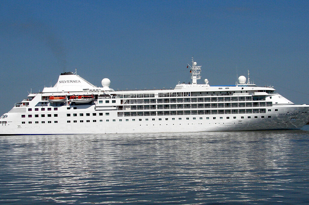 A view of a Silversea vessel at sea, representing one of the best luxury cruise lines for couples.