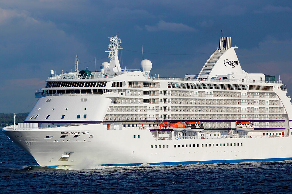 A view of a Regent Seven Seas vessel at sea, representing one of the best luxury cruise lines for couples.