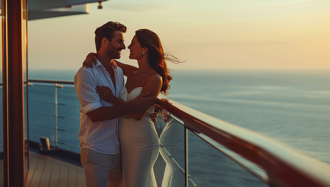 A romantic couple enjoying a sunset on a balcony, a signature experience found on the best luxury cruise lines for couples.
