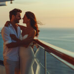 A romantic couple enjoying a sunset on a balcony, a signature experience found on the best luxury cruise lines for couples.