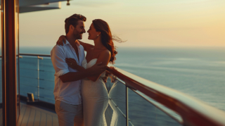A romantic couple enjoying a sunset on a balcony, a signature experience found on the best luxury cruise lines for couples.