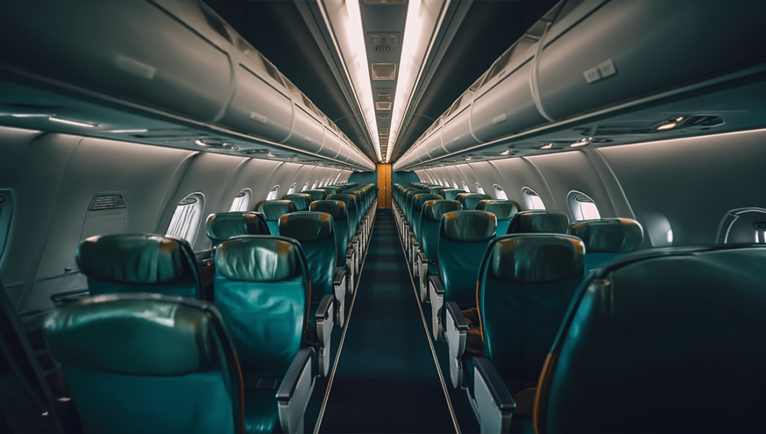 An empty airplane interior cabin showing rows of seats and overhead luggage bins, highlighting preparations for what to do on a long haul flight.