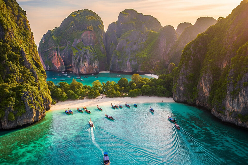 Longtail boats cruising across calm turquoise waters in a dramatic bay surrounded by towering limestone cliffs and lush jungle beaches, making it one of the most popular holiday destinations.