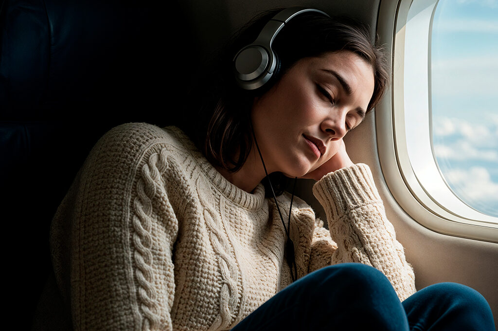 A young woman wearing headphones resting and sleeping against an airplane window, showing relaxing options for what to do on a long haul flight.