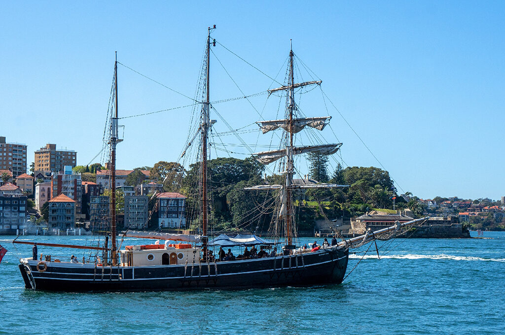 The Southern Swan tall ship schooner in Sydney Harbor.