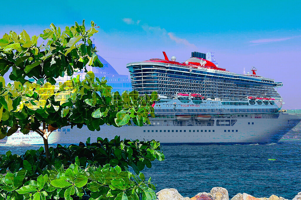 A large Virgin Voyages cruise ship sailing past green tropical foliage, featured among choices for the best cruise lines from Southampton.