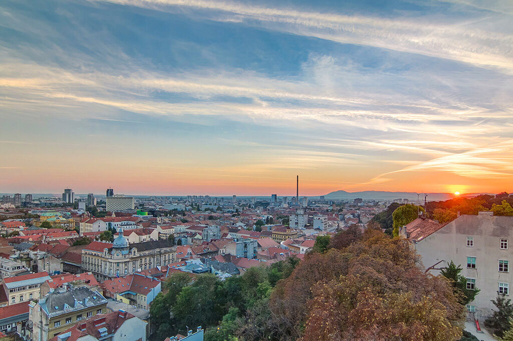 Scenic aerial view of Zagreb Old Town at sunset, showcasing top destinations among the best Eastern European cities to visit.