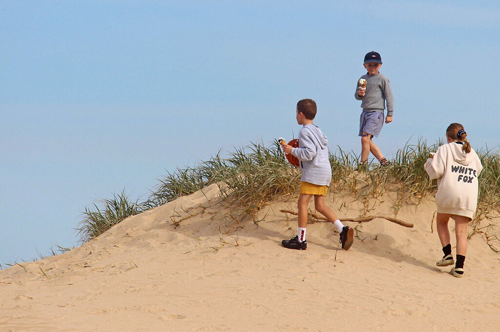 Children running and playing on sand dunes at Dunes of Loon - free adventure places to visit in Netherlands with family.