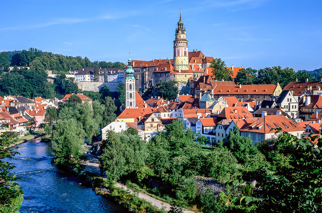 Scenic view of Český Krumlov Castle and Old Town along the river, one of the best Eastern European cities to visit.