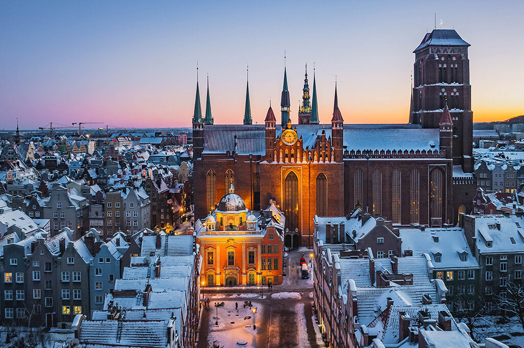 Winter aerial view of Gdańsk Old Town in Poland, featured among the best Eastern European cities to visit.