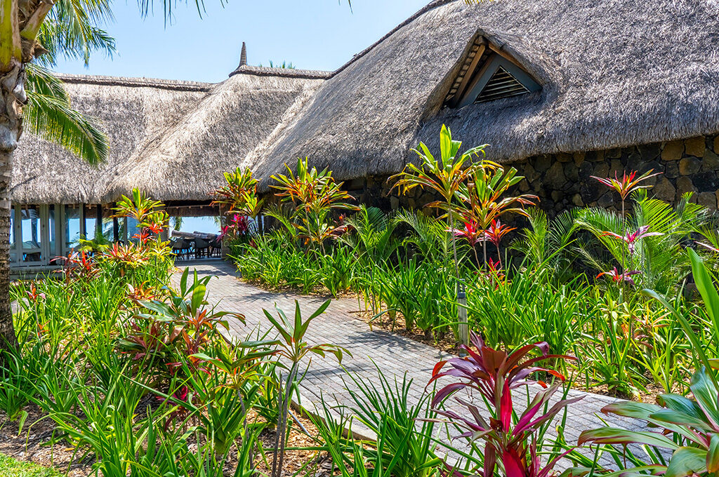Cobblestone pathway through lush tropical gardens leading to thatched-roof villas at one of the best hotels in mauritius.